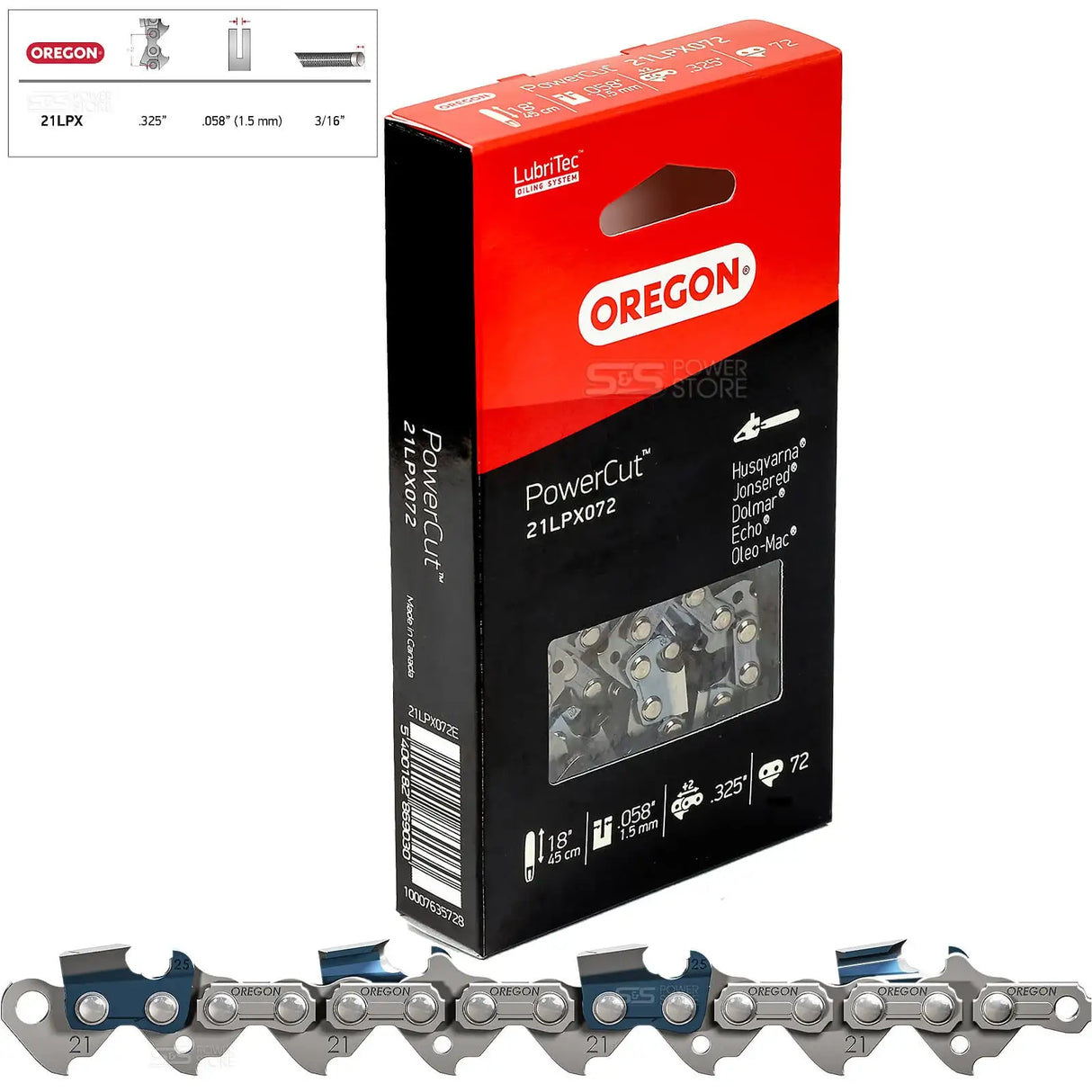 Oregon Sägekette 21LPX072E PowerCut 0.325" 1,5 mm 72 TG 45 cm Vollmeißel - powerstore-shop