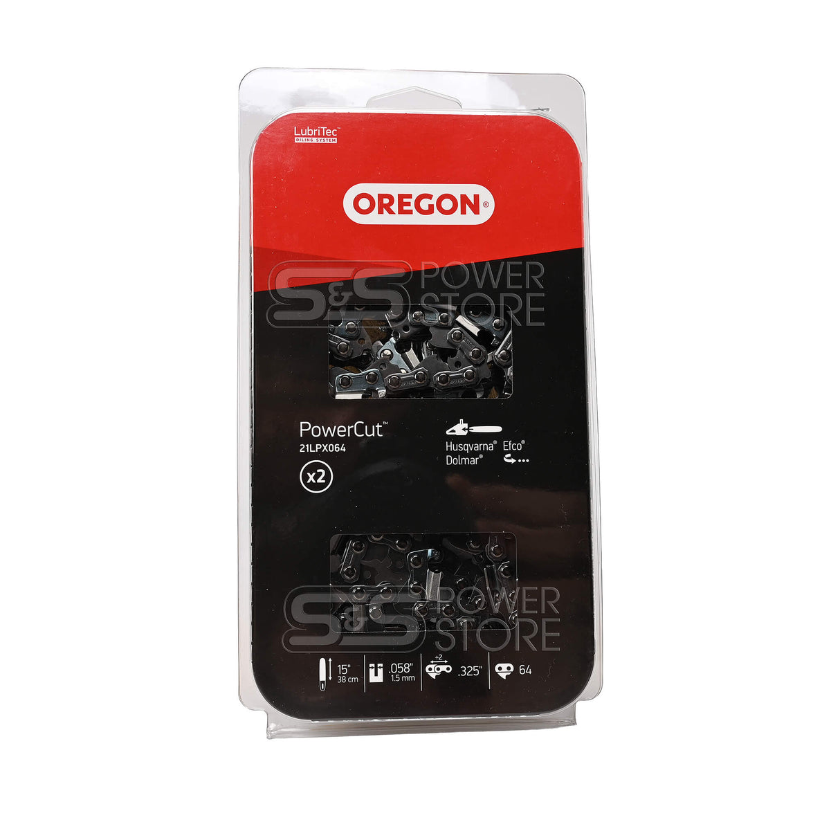 2er-Pack Oregon Sägekette 21LPX064E PowerCut 0.325" 1,5 mm 64 TG 38 cm Vollmeißel Twinpack 564457