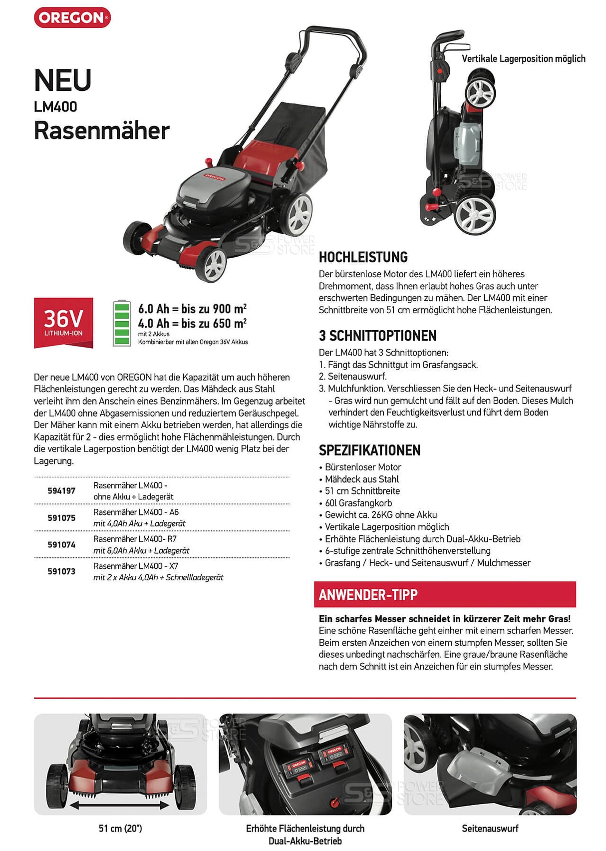 Oregon Akku Rasenmäher LM400 36V Grasfangsack | Mulchfunktion | Seitenauswurf ohne Akku und Ladegerät