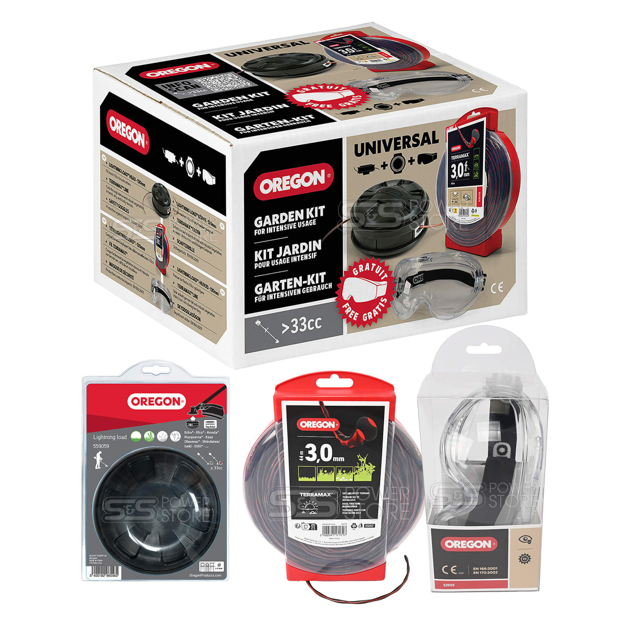 Oregon 3-teiliges Pro Garten Set Universal für Freischneider & Motorsensen Mähkopf Lightning Load + 44 m TerraMax Mähfaden + Schutzbrille