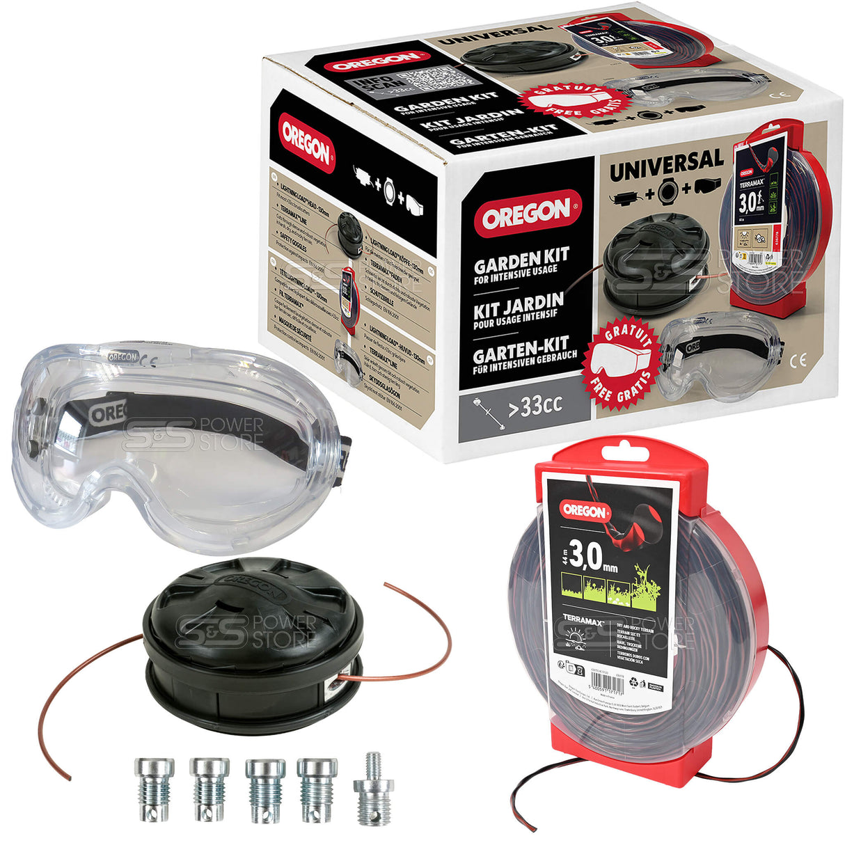 Oregon 3-teiliges Pro Garten Set Universal für Freischneider & Motorsensen Mähkopf Lightning Load + 44 m TerraMax Mähfaden + Schutzbrille