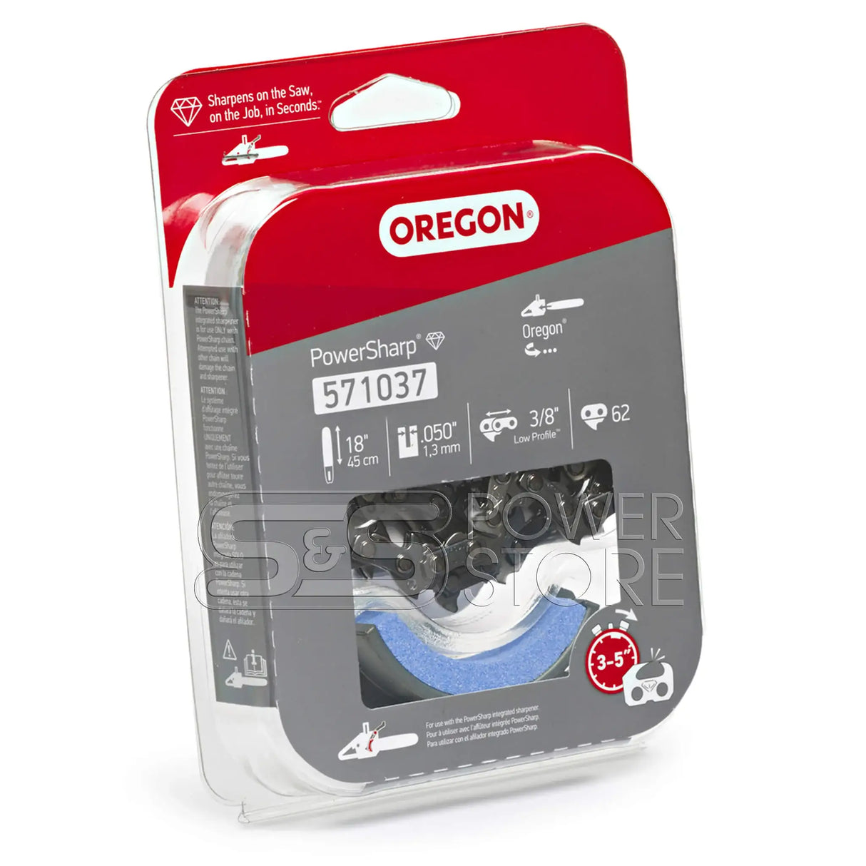 Oregon Sägekette 571037 PowerSharp 3/8" 1,3 mm 62 TG 45 cm inkl. Schleifstein - powerstore-shop