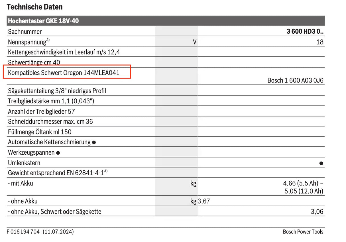 Oregon Führungsschiene passend Bosch GKE 18V-40 Akku-Kettensäge Schwert 40 cm 3,8" mini 1,1 mm