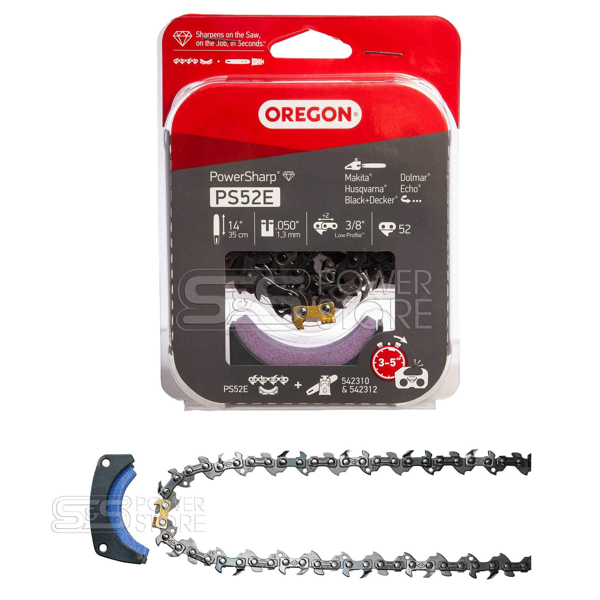 Oregon Sägekette PS52E PowerSharp 3/8" 1,3 mm 52 TG 35 cm inkl. Schleifstein