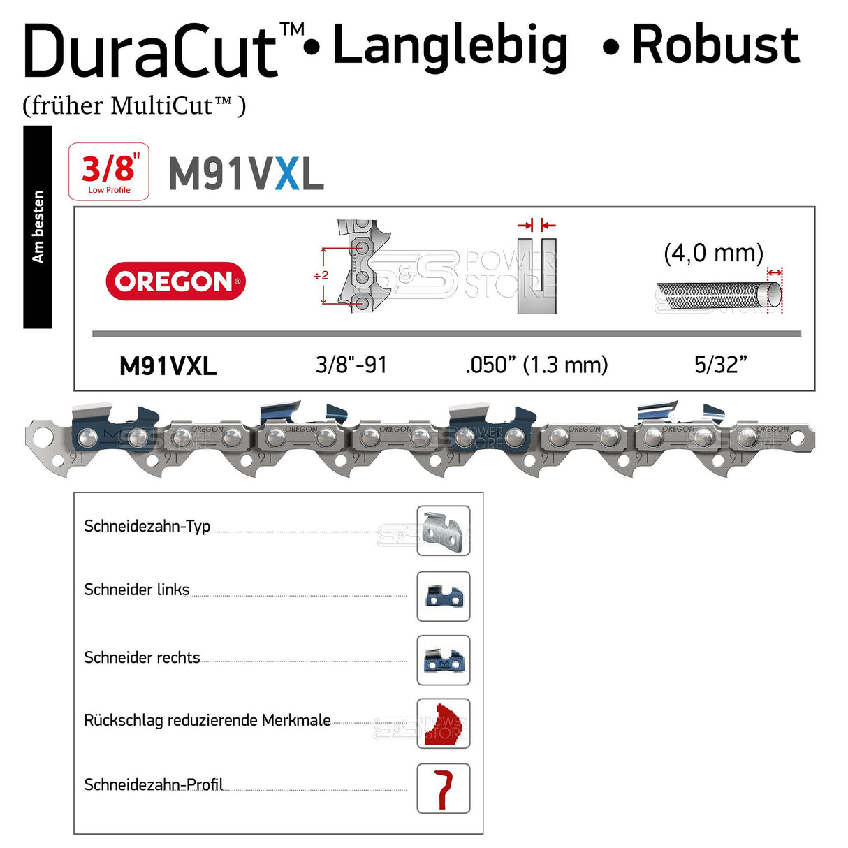 Oregon DuraCut Sägekette hartverchromt M91VXL057E Multicut 3/8" 1,3 mm 57 TG 40 cm Halbmeißel