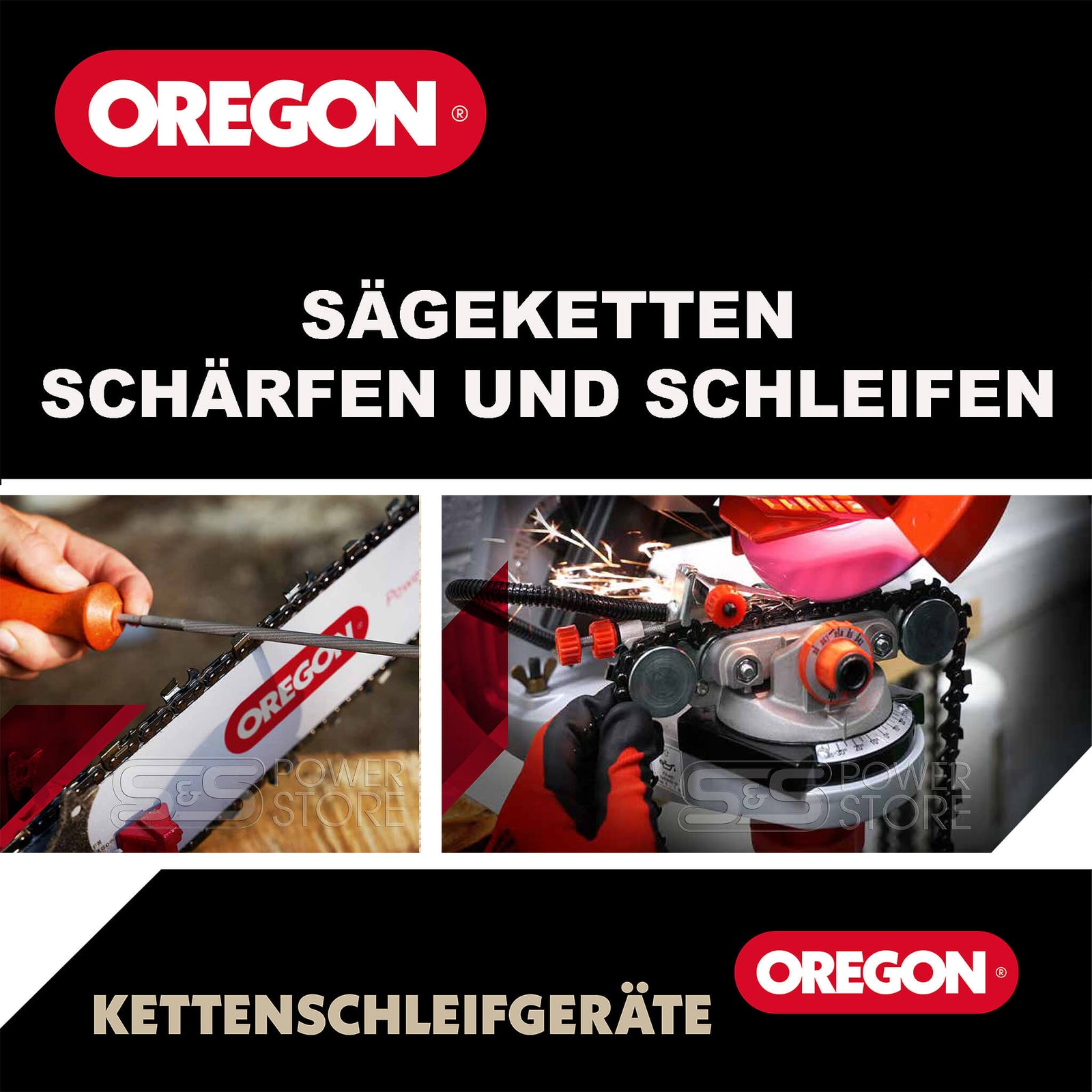 das Bild zeigt das Schaerfen von Saegeketten mit einer Feile und einem elektrischen Schlaerfgeraet von Oregon