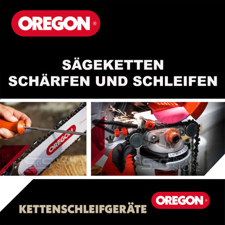 das Bild zeigt das Schaerfen von Saegeketten mit einer Feile und einem elektrischen Schlaerfgeraet von Oregon