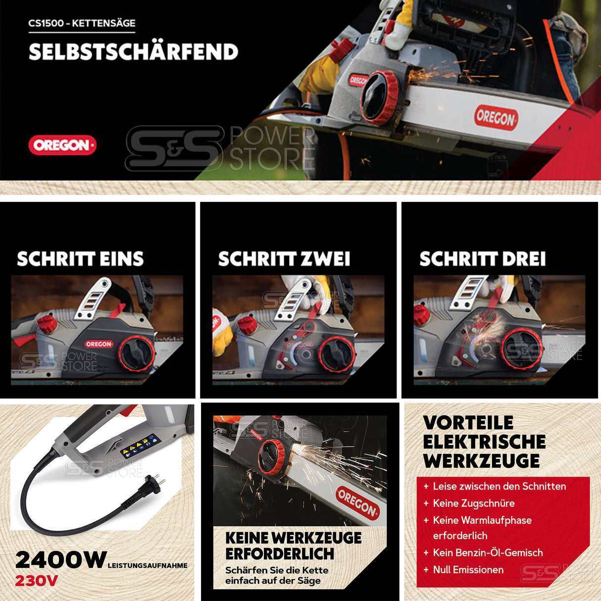 Oregon Elektro Kettensäge CS1500 Angebot Set inkl. 3 Powersharp Sägeketten