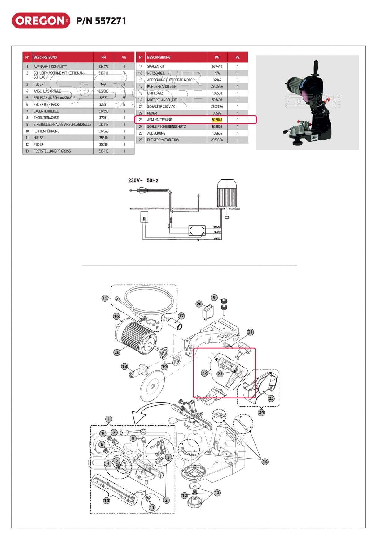 Oregon Ersatzteil Arm Halterung Schleifkopf Kettenschärfgerät Ersatzteilnummer 522649 (519789)