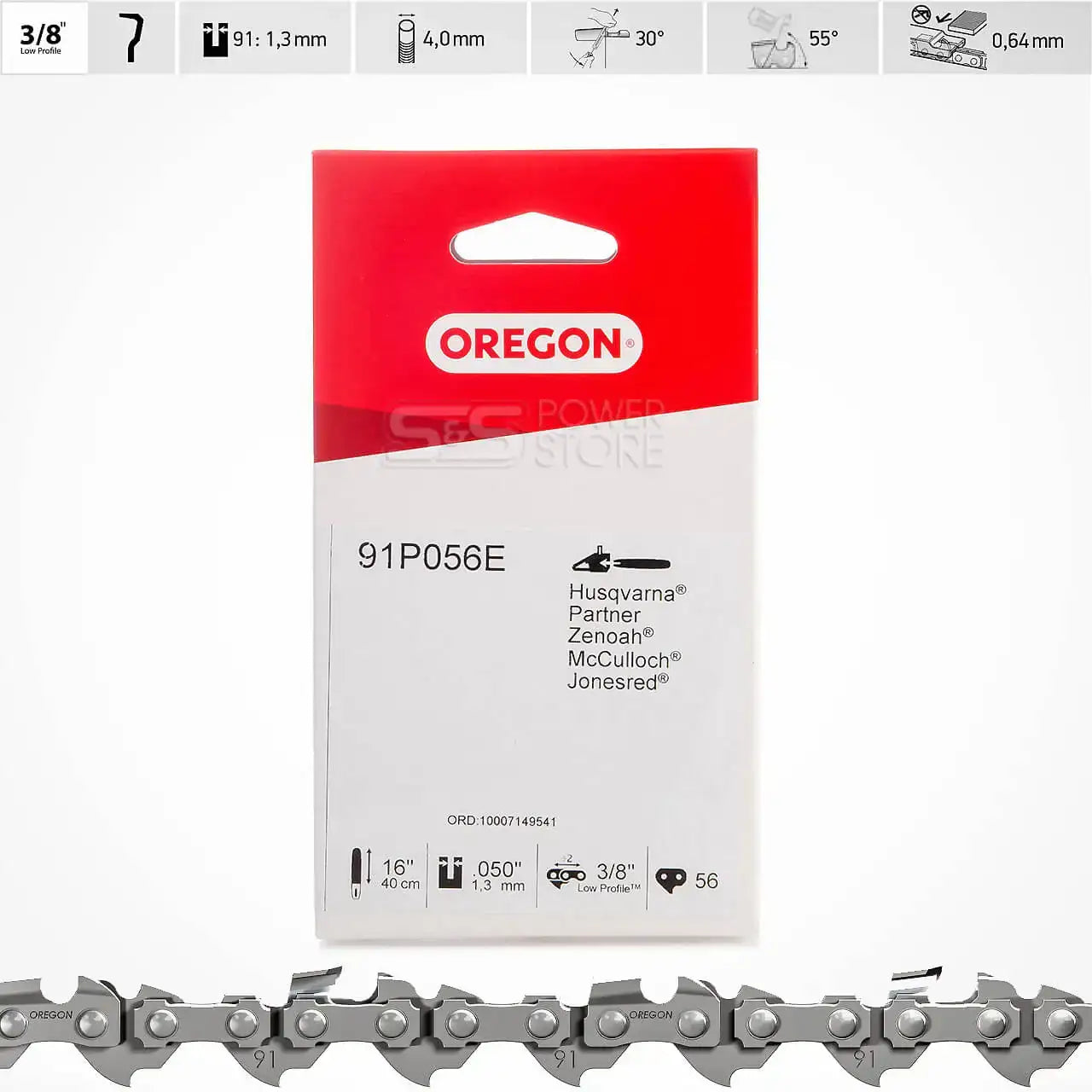 Oregon Sägekette 91P040E – 3/8 Zoll, 1,3 Mm, 40 Treibglieder, Inkl. Box, Für Motorsägen