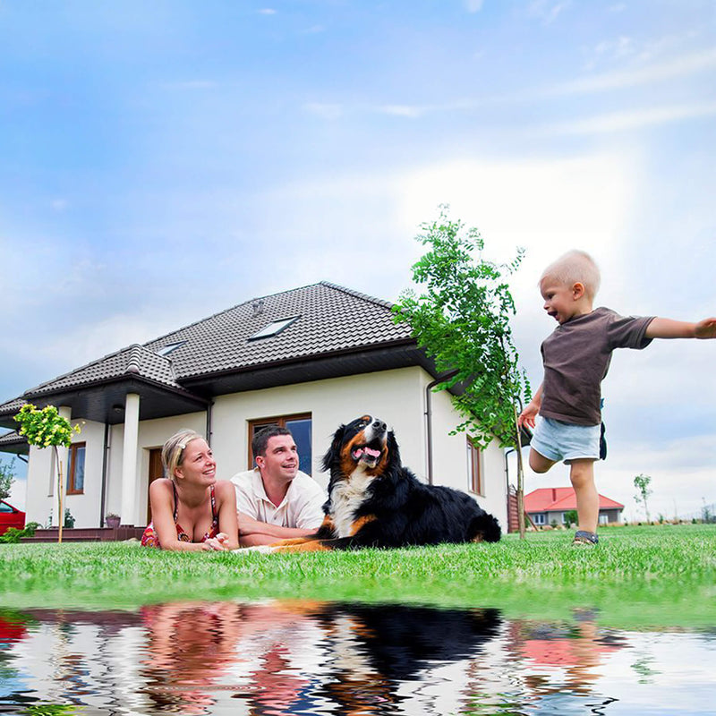Das Foto zeigt ein Haus mit Garten und Teich, davor eine kleine Familie mit Hund