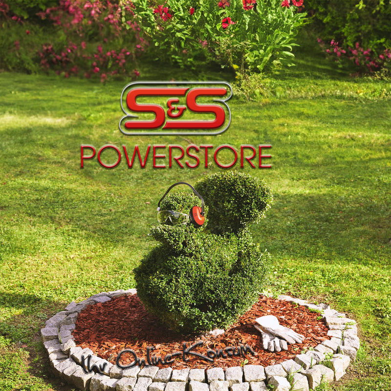 das Bild zeigt eine in Entenform geschnittene Hecke mit Gehoerschutz, Schutzbrille und das Markenlogo von S&S Powerstore