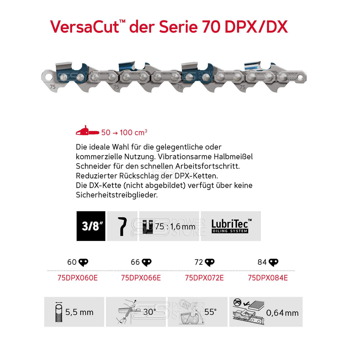 Oregon Sägekette 75DPX060E VersaCut 3/8" 1,6 mm 60 TG 40 cm Halbmeißel Sicherheitstreibglied